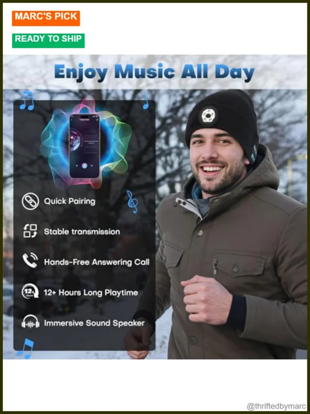 Bluetooth Beanie with LED Light, USB-C Rechargeable, Stereo Speakers & Mic,